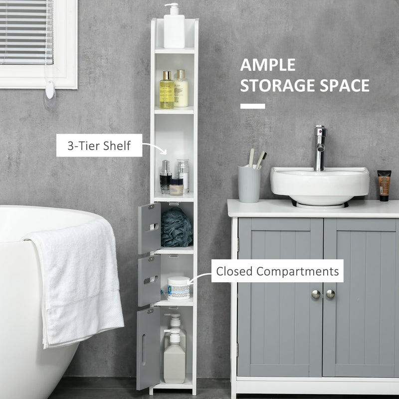 Freestanding Tall Grey Bathroom Storage Cabinet - Modern Design with Open Shelves & 3 Cupboards - Ideal for Bathroom Organization, Bedroom & Hallway Spaces