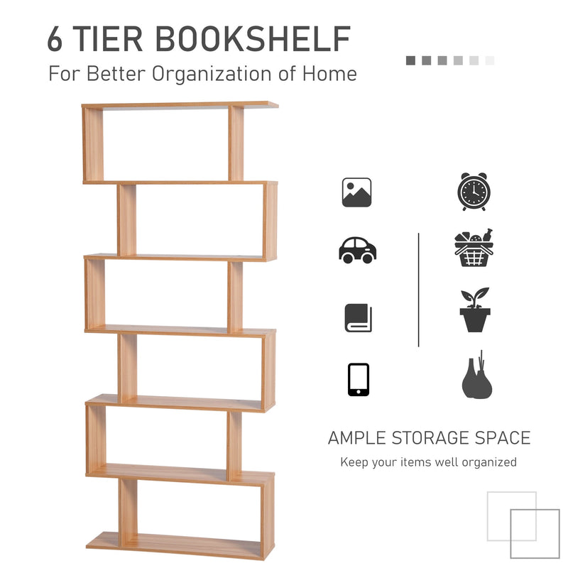 Maple Finish Wooden S-Shaped Bookcase - 6-Shelf Storage Display Unit & Room Divider - Versatile Chest Cabinet for Home or Office Organization
