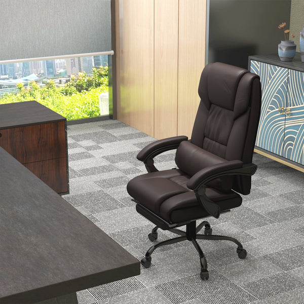 Ergonomic PU Leather Reclining Office Chair with Massage Function - 6-Point Massage, Swivel Wheels, Integrated Footrest, Remote Control - Ideal for Stress Relief and Office Comfort, Brown