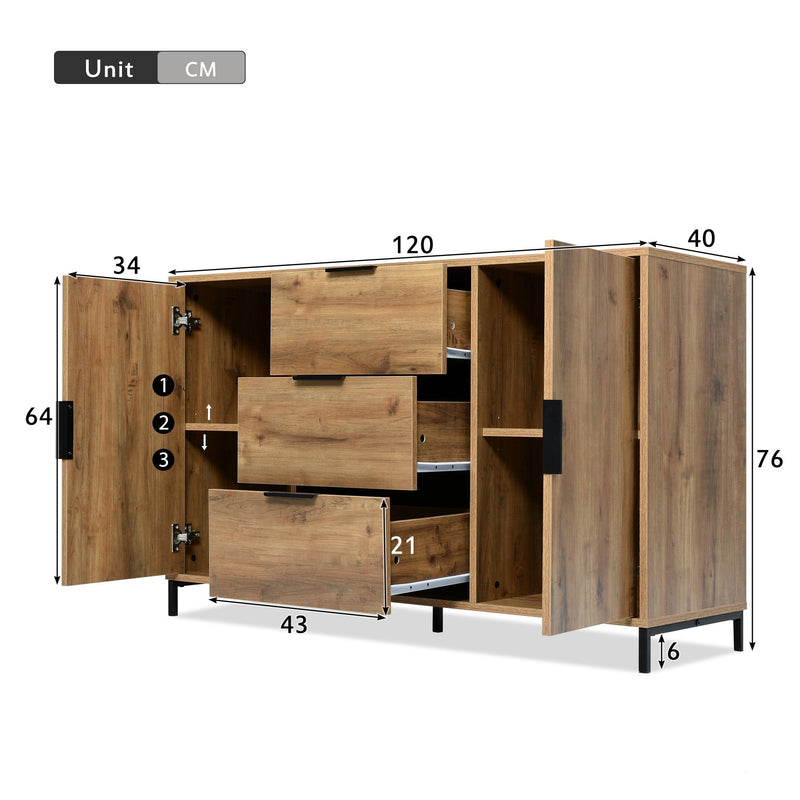 Modern Dark Oak Sideboard - Spacious Living Room Cabinet with 2 Doors & 3 Drawers, Adjustable Shelf - Elegant Storage Solution for Home Organization, 120x40x76 cm