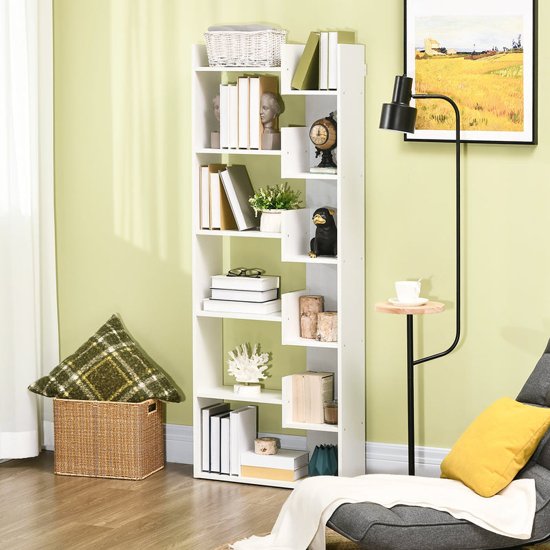 6-Tier Bookshelf - Modern White Bookcase with 11 Open Shelves for Decorative Storage - Ideal for Home Office and Study Organization