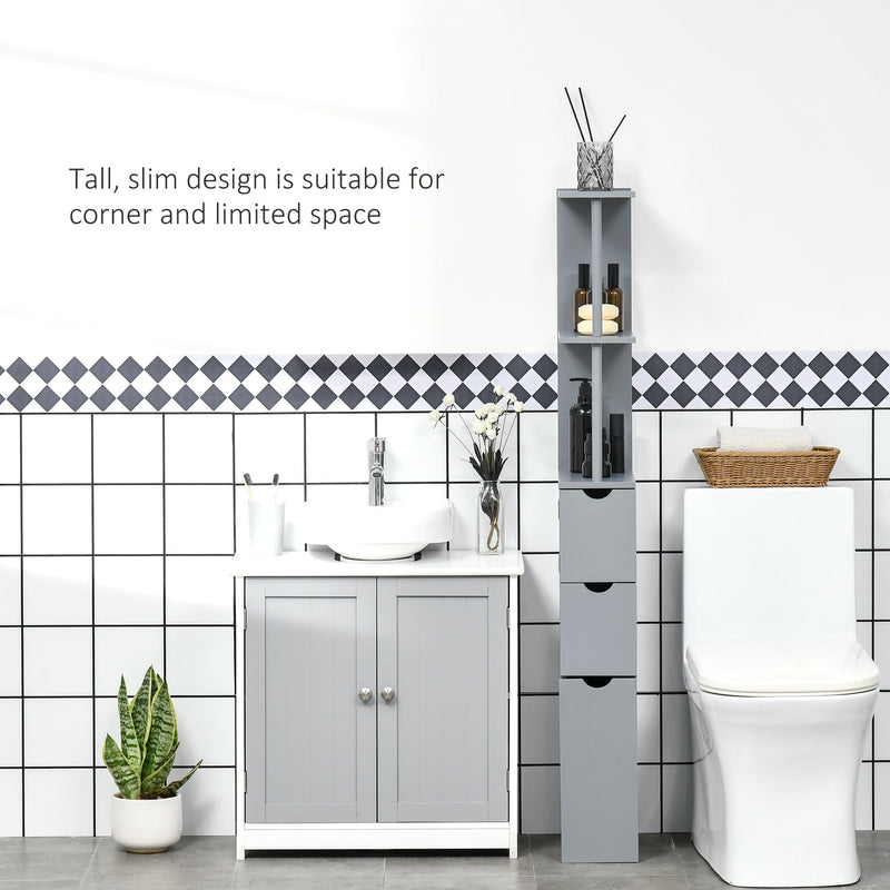 Freestanding Tall Bathroom Cabinet with 2-Tier Shelf and Drawers - Narrow Grey Cupboard Storage Unit - Space-Saving Organizer for Restroom or Laundry Room