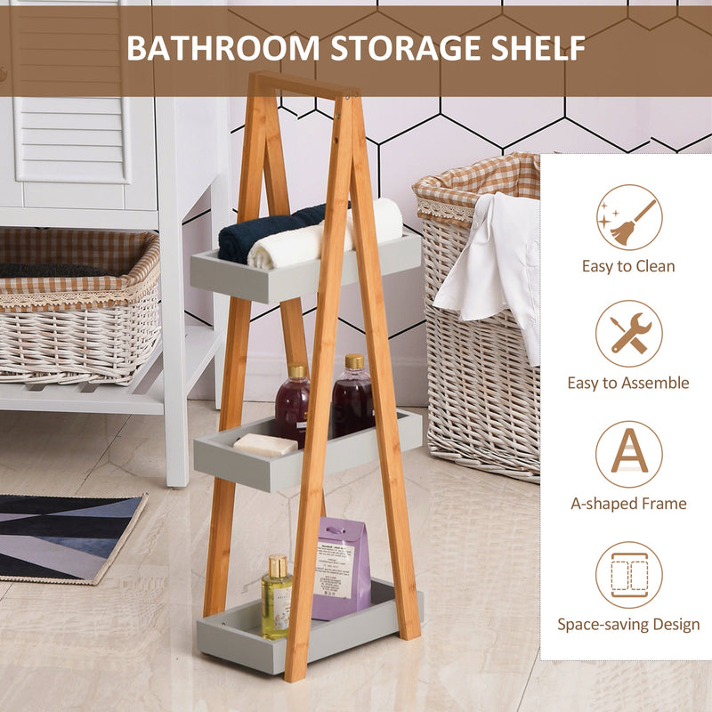 3-Tier Bamboo Bathroom Storage Unit - Slim Freestanding Shelving, A-Frame Toilet Rack - Space-Saving Organizer for Small Bathrooms