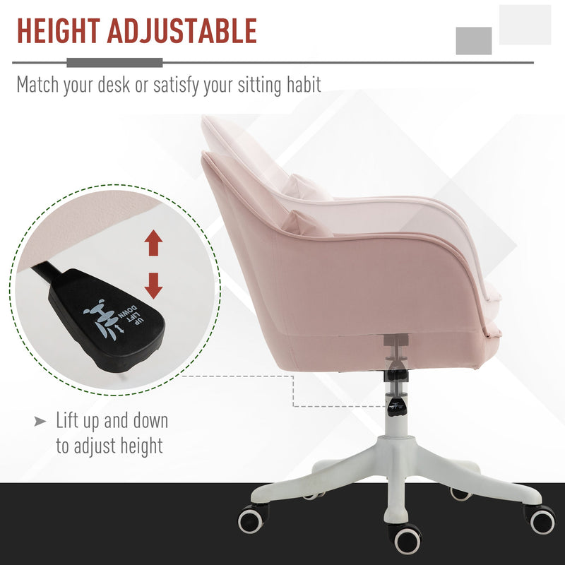 Luxurious Velvet Office Chair with Massage Pillow - Ergonomic Adjustable Height Seating with Casters - Comfortable Home Desk Chair for Work & Relaxation, Pink